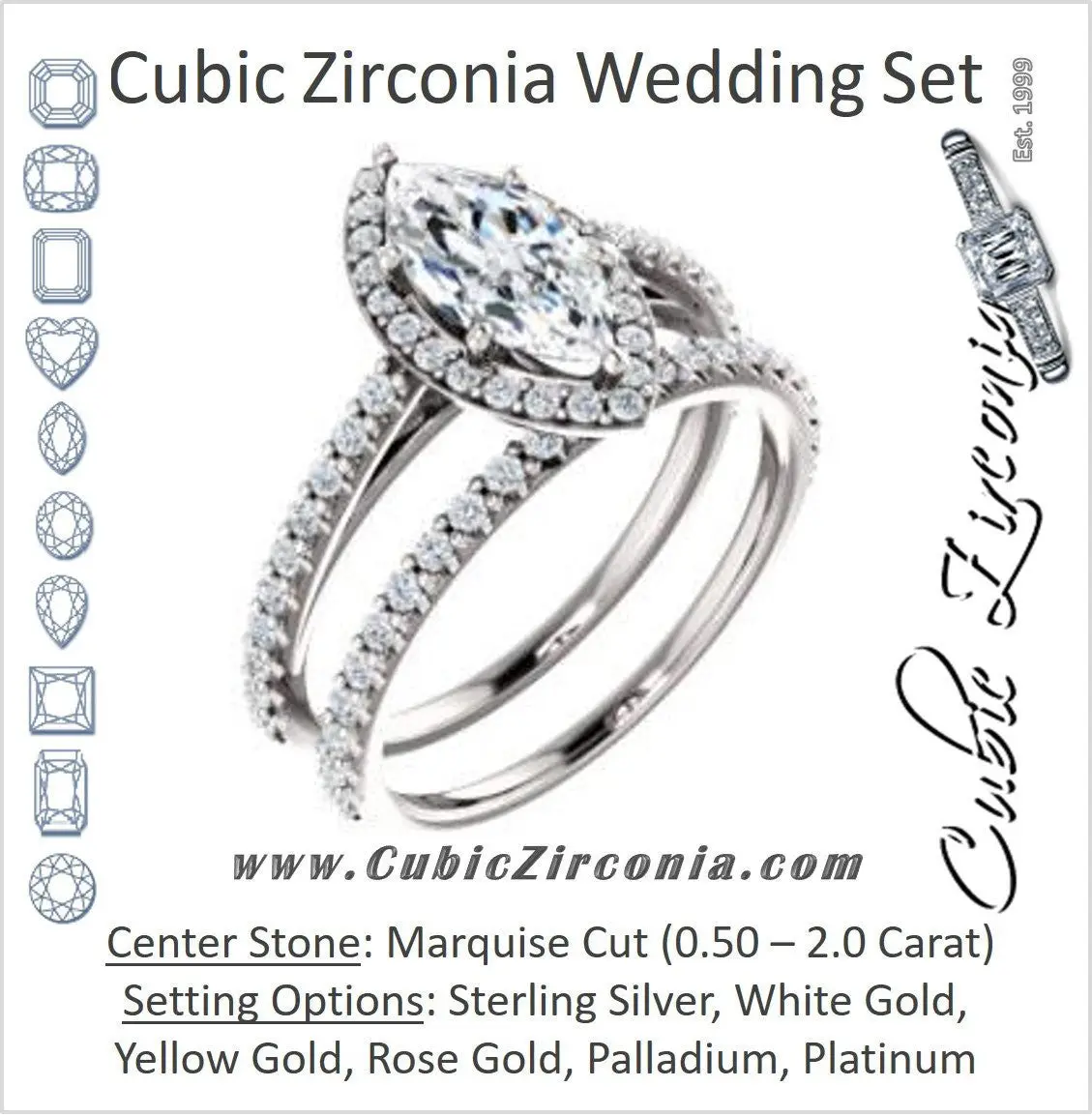 CZ Wedding Set, featuring The Monique engagement ring (Customizable Marquise Cut Cathedral-Halo with Thin Pave-Band)