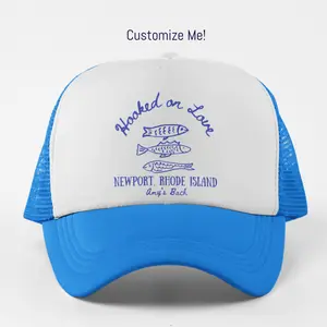 Custom Bachelorette Party Trucker Hat Fisherman Core Aesthetic Sardines Italy Coastal Personalized Design Unisex Hooked on Love Trucker Party Hats Bday Hats Fun Bach Pool Party Accessories Matching Group Hats