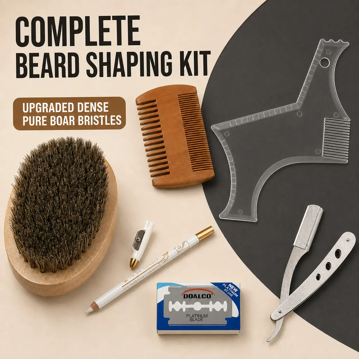 Men's Durable 6-Piece Beard Grooming Kit - Barber Equipment for Clean Shave & Symmetric Look, Includes Shaper Tool, Straight Razor, Boar Bristles Brush, Comb & Barber Pencil (Haircare & Styling Tools)