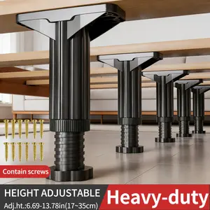Heavy Duty adjustable bed support legs, 4 legs with black plastic furniture, metal decoration and screws, reinforced central strip to ensure stability, easy installation, suitable for replacement of bedstead, cabinet and shelf.
