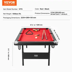 VEVOR Billiards Table, 7 ft Pool Table, Portable Foldable Space-Saving Table, Billiard Table Set Includes Balls, Cues, Chalks and Brush, Black with Red Cloth, Perfect for Family Game Room Kids Adults