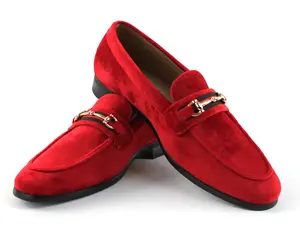 Slip On Red Velvet Loafers With Gold Buckle Men's Dress Formal Shoes AZARMAN