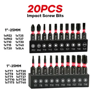 20 Pcs Industrial S2 Alloy Steel Hardness Security Torx/Torx/Phillips/Slotted/ Pozi Screwdriver Bits Set, Anti-Slip Magnetic Impact And Wear Resistant Drill Head, 1/4" Hex Shank With Black Base, For Woodworking, Industrial Manufacturing Tools