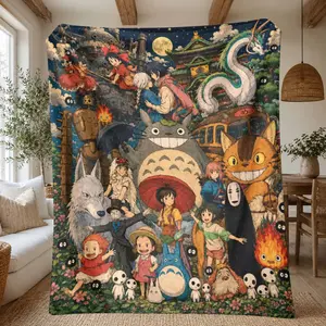 tudio Ghibli All-Characters Blanket, Vintage Watercolor Print, Starry Night Background, Soft & Cozy, Ideal for Miyazaki Fans