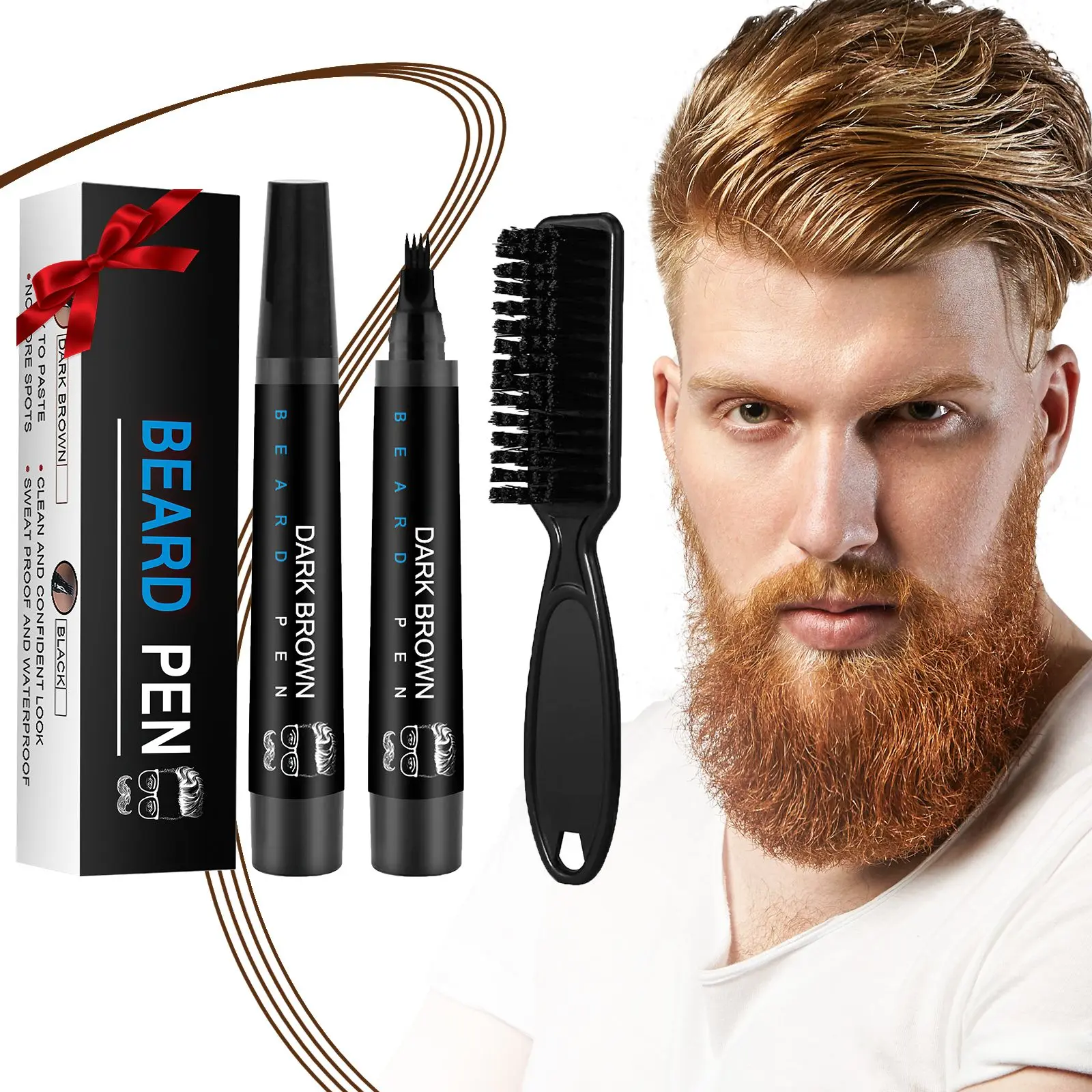 Beard Pencil Filler for Men Black with 4 Tips- Water Proof Beard pen and beard brush Long Lasting Coverage Natural Finish, Male Mustache Repair Shape（Black ，Dark Brown）