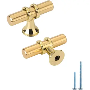 4 Pack Brushed Brass Cabinet Knobs - Gold Dresser Knobs & Pulls - Square T Bar - Single Hole - Stainless Steel
