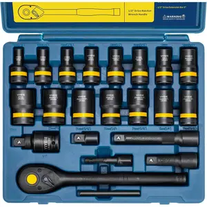 22-Piece Bolt Nut Extractor Set, 1/2" Drive Wheel Lock Removal Kit with Ratchet Wrench, Locking Lug Nut Removal Tool for Stripped, Rounded, Damaged (8mm-27mm| 5/16" to 1")