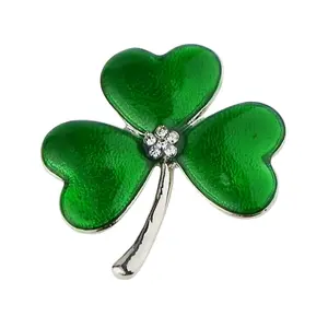 Irish Shamrock Crystal Enamel Brooch Silver Tone