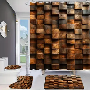 Wooden Block Pattern Bathroom Accessories, 4 Counts/set Including Shower Curtain & Toilet Lid Cover & Rectangular Mat & U-shaped Mat, Shower Curtain Sets, Bathroom Decor Supplies
