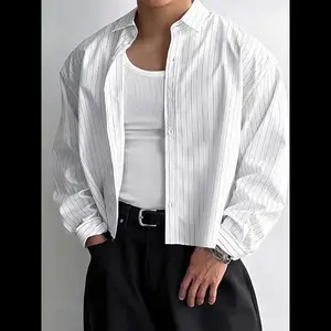 Men's Minimalist Striped Long Sleeve Shirt, Casual Lapel Button Front Cropped Top for All Season, Fashion Men's Clothes for Daily Wear Menswear White Performance Snap