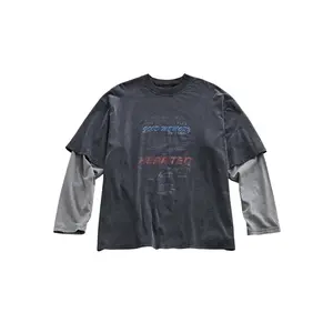 Men's Letter Graphic Tees Long Sleeve Shirts Y2K Crew Neck 2 in 1 T-Shirt Oversized Tops Streetwear