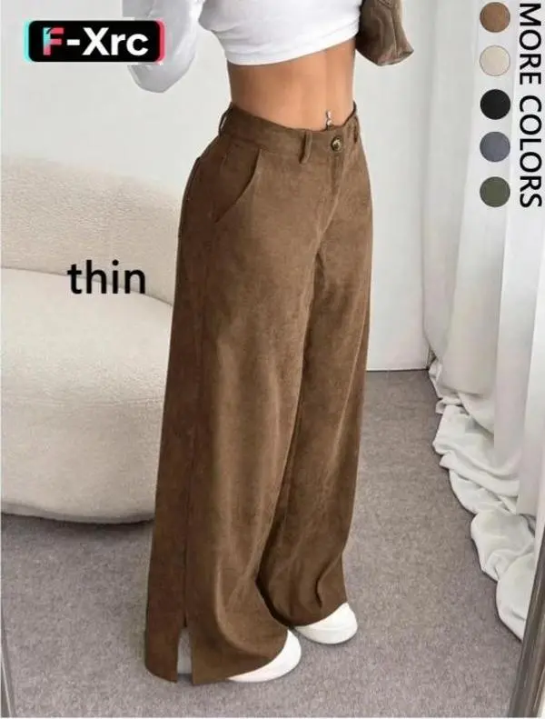 Women's High Waisted Corduroy Wide Pants - Baggy High-Waisted, Side Slit, Casual Flowy, Machine Washable, Basic Minimalist Trousers, High Waisted Pants Black