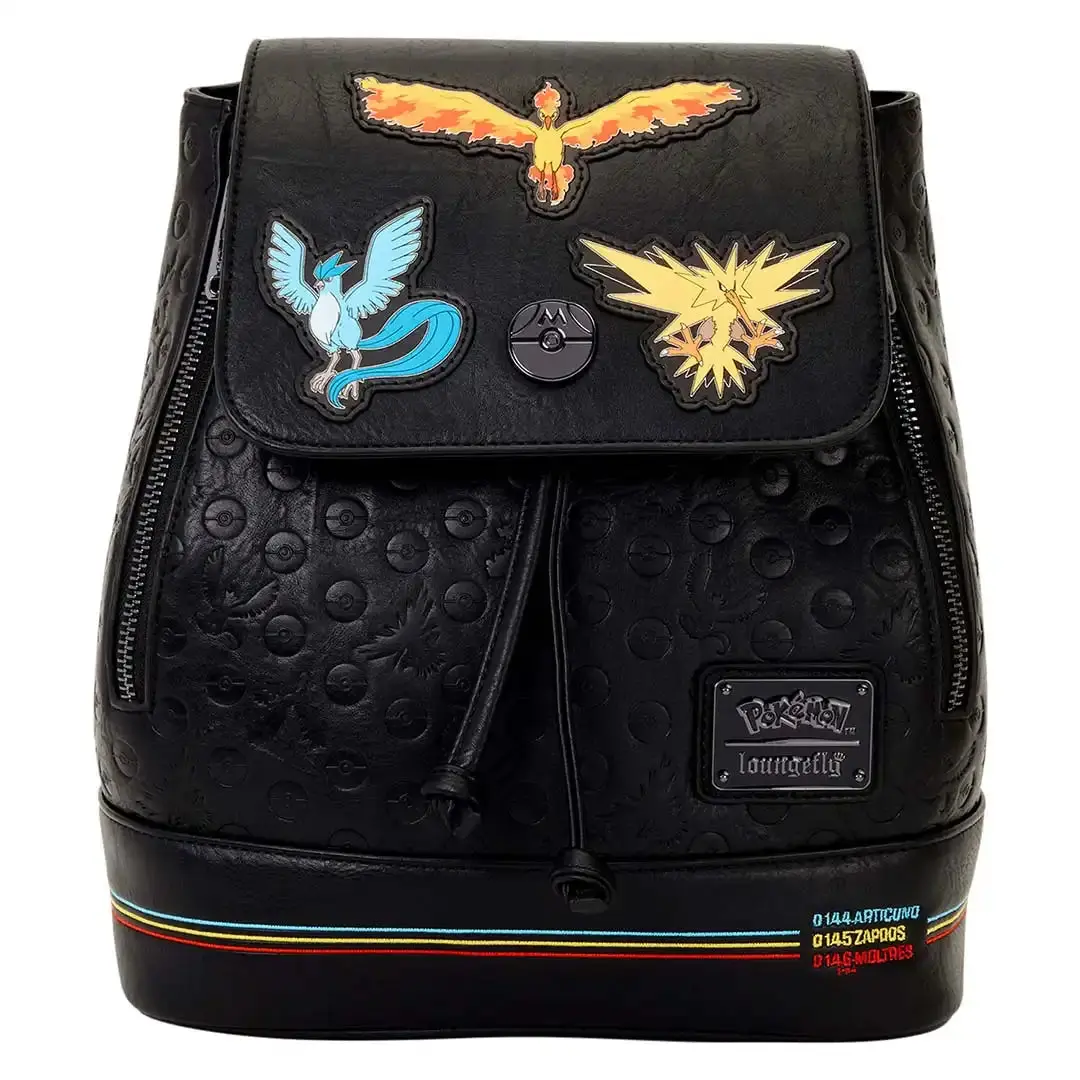 Loungefly Pokémon Legendary Birds and Beasts Drawstring Mini Backpack, Debossed & Embroidered Design, Molded Metal Rivet Accents, PU Leather Construction, Embroidery, 9” W X 10.5” H X 4.5” D