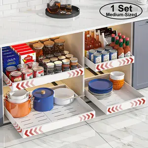 1 Set of Homhut 16.5-Inch Deep White Metal Pull-out Cabinet Storage Box-Heavy Duty, Adjustable and Extendable Drawer with Safety Adhesive Film-Perfect for Kitchen Food Storage Room, Bathroom Storage-No Screws, Stylish Design, kitchen Storage Pieces and St