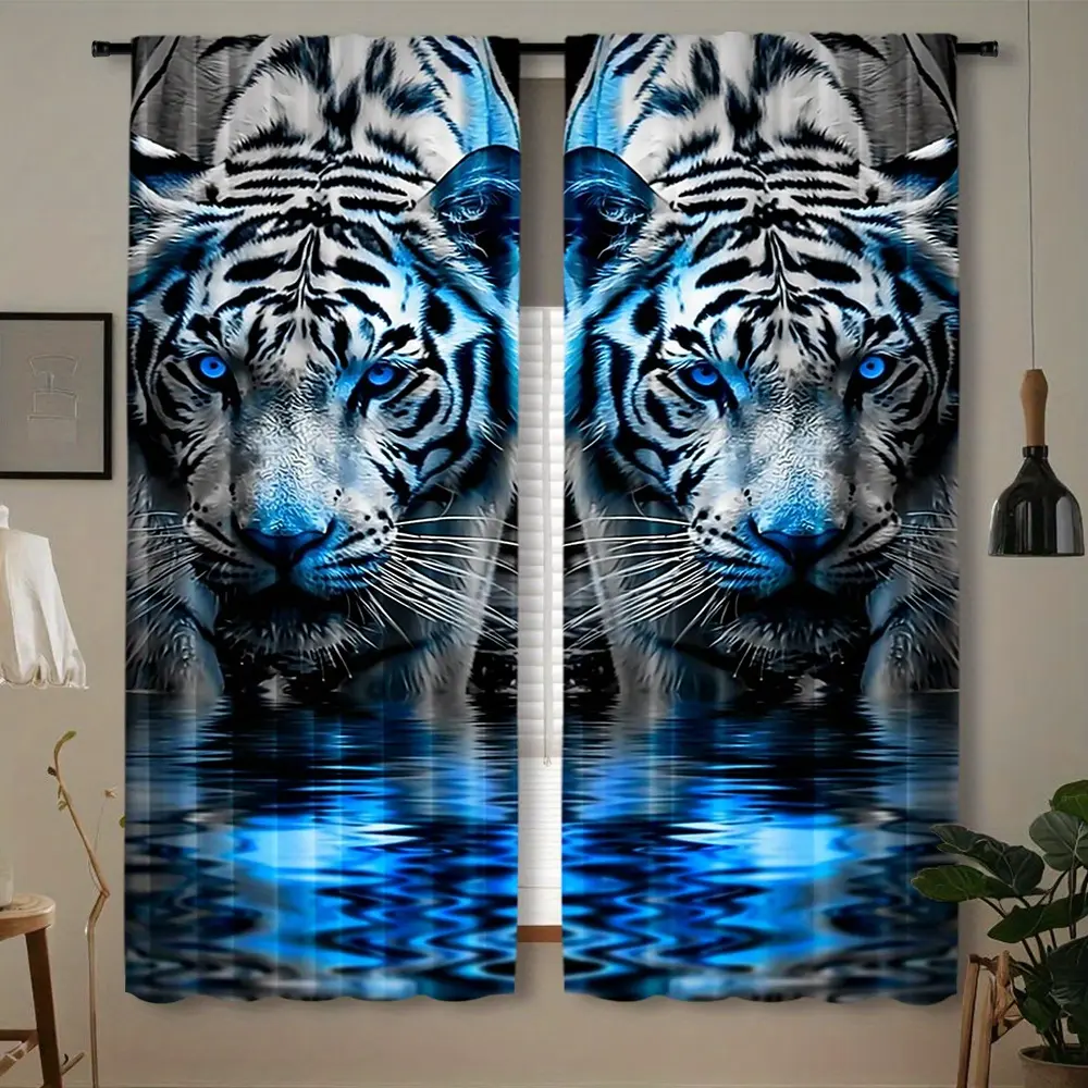 Tiger Print Rod Pocket Curtains, 2-Pack Corrugated Folding Indoor Curtains, Soft Furnishings for Bedroom, Living Room