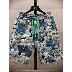 Men's Summer Cartoon Bear Print Jacquard Shorts - Loose Fit Casual Beachwear with Elastic Waistband & Drawstring, Machine Washable Mid-Stretch Fabric for Outdoor Activities, Beach Clothes, Comfortable Fit