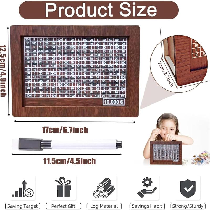 Wooden Cash Money Saving Box,Piggy Bank for Kids & Adults,10000 Savings Challenge Box,Coin Bank Toys Gift for 3-12 Year Old Boys & Girls (10000 Dollar)