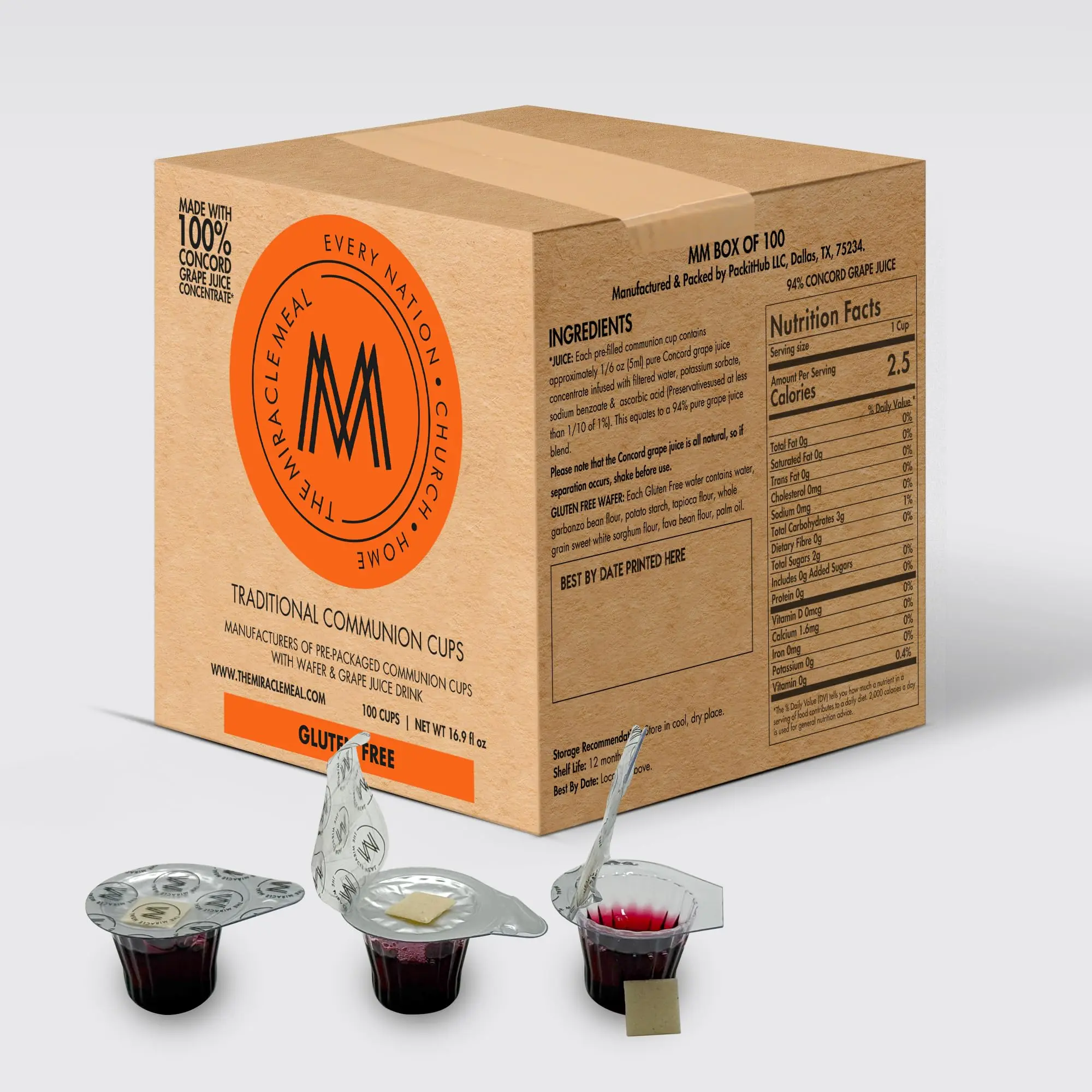 The Miracle Meal Disposable Pre-filled Communion Cups - Grape Juice, Fresh Grape Juice, Gluten-Free Wafers, 100-Count Box for Ambient Storage, Ceremony, Church Users