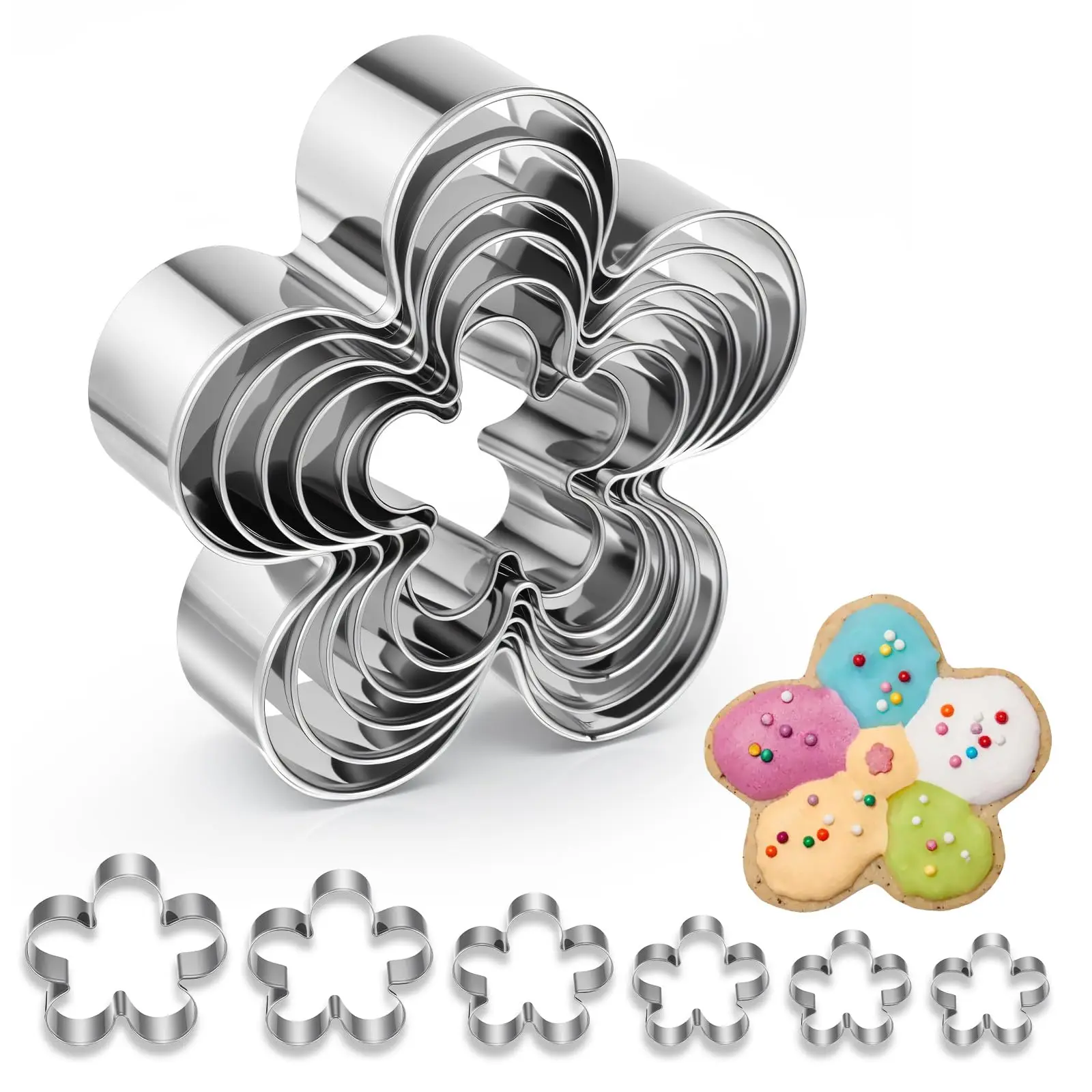 6PCS Flower Fondant Cutter Flower Fruit Cutter Set Stainless Steel Five-petal Flowers Shapes Dishwasher Safe Fondant Molds for Baking