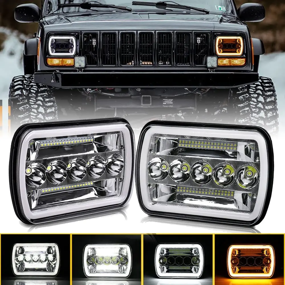 2PCS 5x7 Headlights Pair Compatible with Chevy Express 1500 2500 3500 Cargo Van F-150 F-250 F-350 Wrangler YJ Cherokee XJ Kenworth T300 Hi/Low Sealed Beam White/Amber Halo