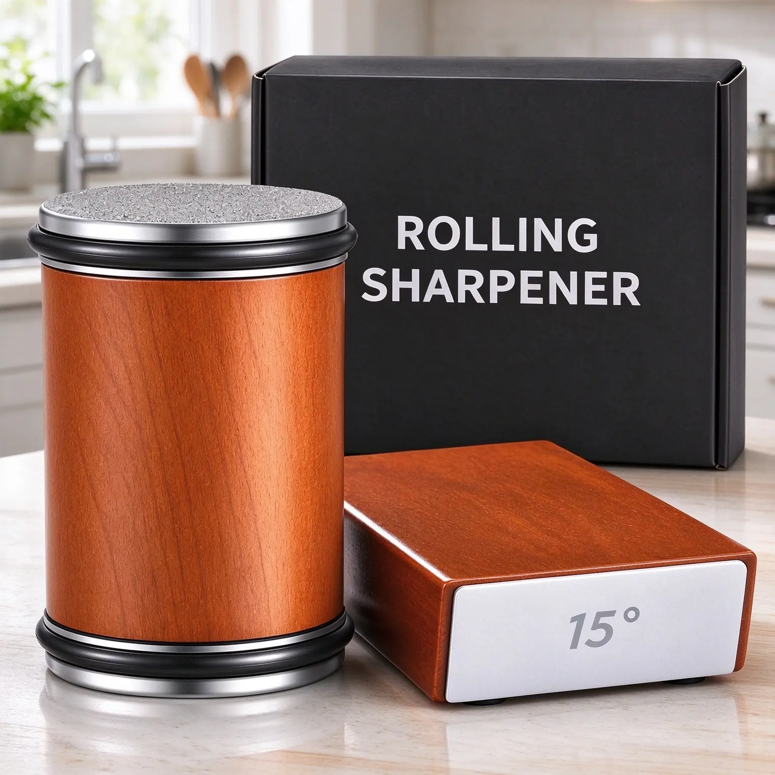 Manual Rolling Knife Sharpener Kit with Diamond Stone - Wooden Kitchen Knife Sharpening Set, Fits Any Steel Hardness Kitchenware for Knives, Ideal for Friends, Family Gatherings, Festivals