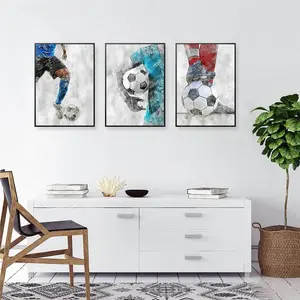 Soccer Wall Art Prints - Set of 3 Unframed Artistic Soccer Posters - Soccer Room Decor for Men Kids Teenagers - Soccer Poster Set for Man Cave - Watercolor Soccer Wall Decor - Boys Bedroom Decor - Triple Canvas Painting