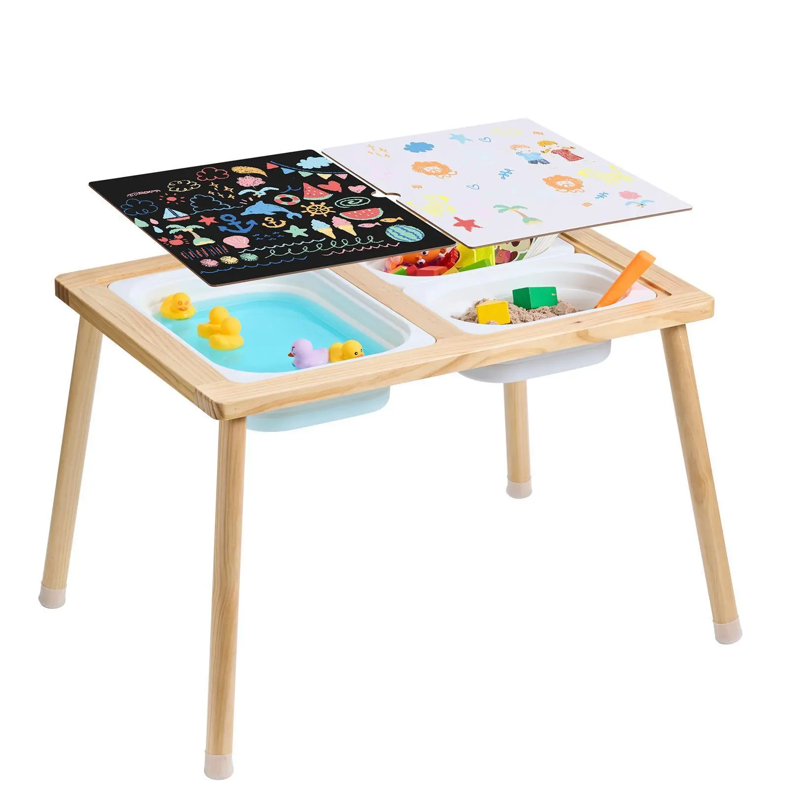【Summerfinds】VEVOR Sensory Table for Toddlers,  Kids Activity Table with 3 Foldable Storage Bins & Double-Sided Board, Indoor/Outdoor Play Sand and Water Table, Wooden Kids Sensory Table for Drawing Studying Dining