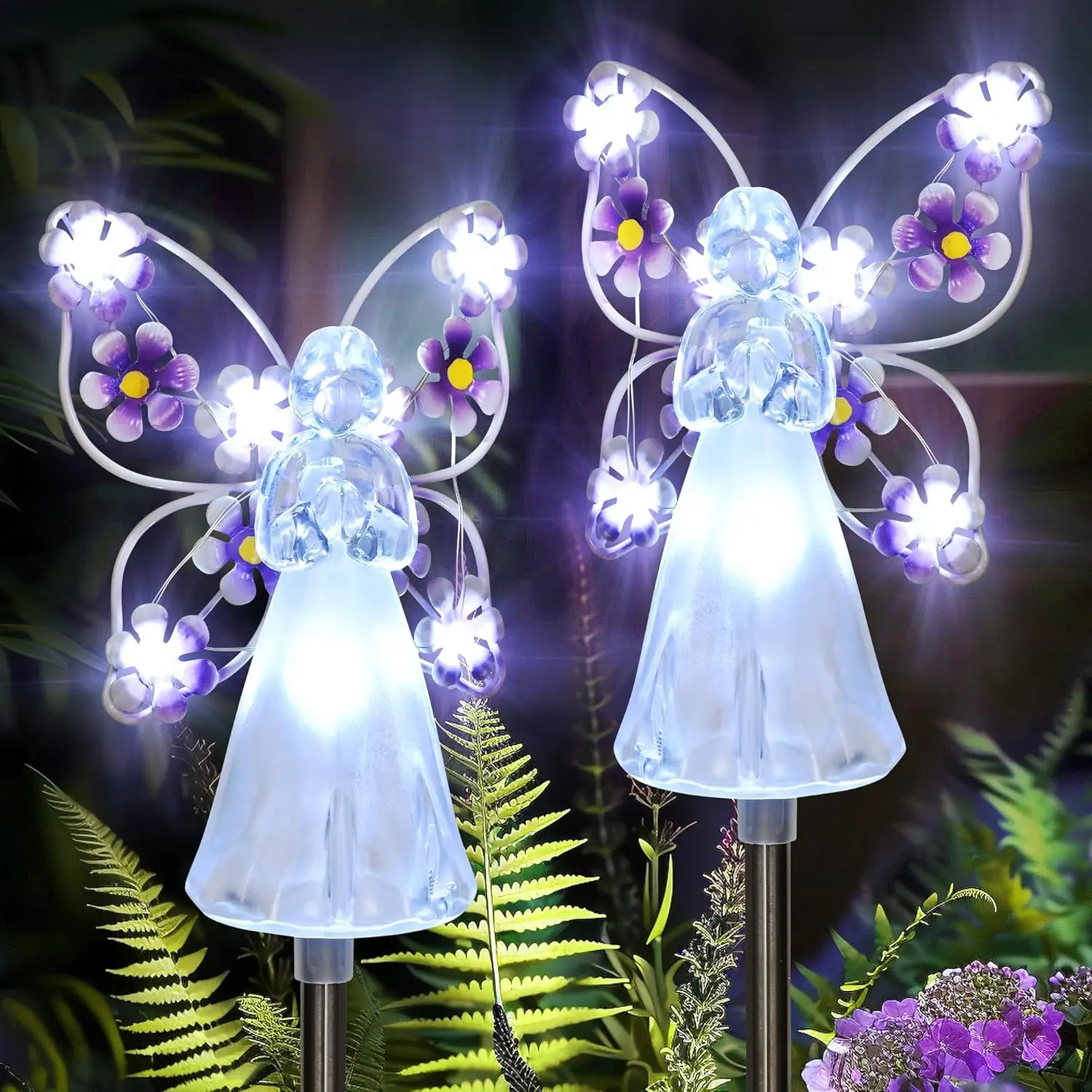 Solar Angel Garden Stake Lights - 2 Pack Angel Solar Lights Outdoor Garden, Eternal Light Angel with 7 LEDs for Cemetery Grave Decorations