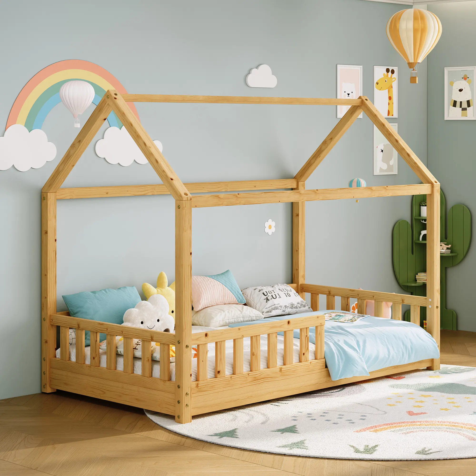 [SummerWins] [SummerFinds] ALBOTT Twin Size House Bed for Kids, Montessori Wooden Floor Bed Frame with Guardrails, Removable Rails, Playhouse Roof, Easy Assembly, Toddler Floor Bed for Boys & Girls