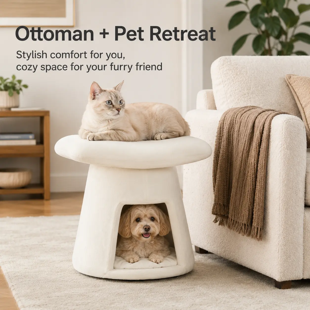 2 in 1 Cat House Ottoman Stool, Soft Plush Upholstered Footrest Stool with Private Hidden Cat Cave Hideaway Bed, Multifunctional Pet Friendly Furniture Seat for Cats & Small Dogs, Cozy Indoor Cat Shelter Stool for Living Room