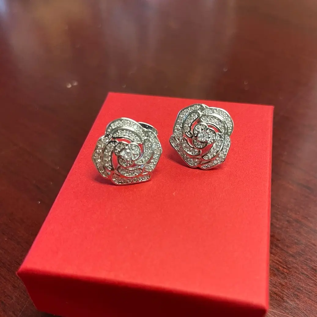 Steel Cubic Zirconia Camellia Flower Stud Earring