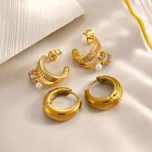 Stylish Titanium Steel C-Shaped Hoop Earrings, 18K Gold Plated, Inlaid Zircon, Trendy & Versatile Design, Tarnish & Water Resistant, Perfect Birthday & Holiday Gift for Her