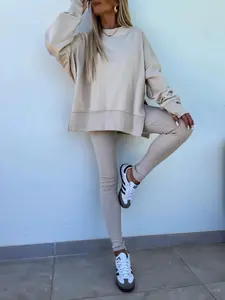 Women's Solid Drop Shoulder Split Hem Sweatshirt & Pants Two-piece Set, Casual Sweatsuits, Casual Fashion Cozy Breathable Outfits for Daily Outdoor Wear, Ladies Sportswear for All Seasons