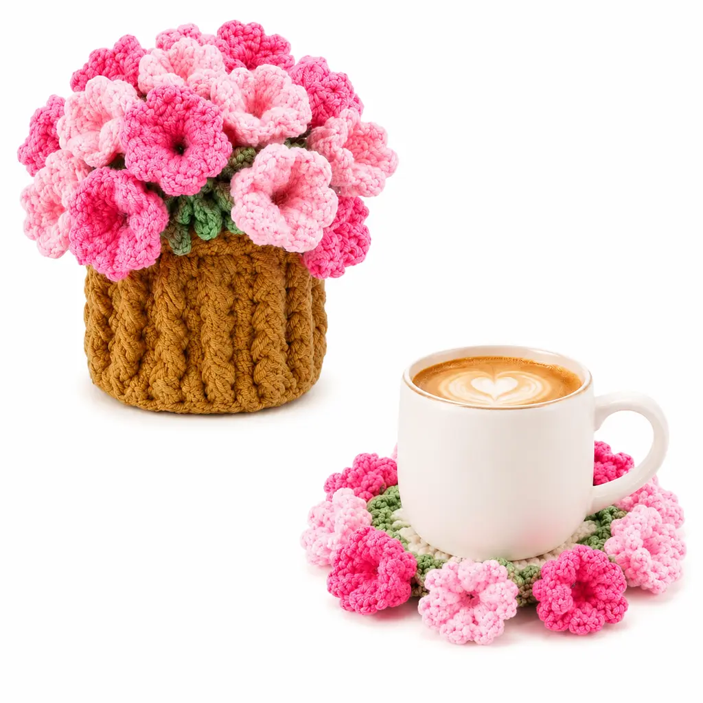 Cotton Yarn Crochet Flower Coaster - Pink Tulip Tableware with Raised Petal Texture, 14 cm Foldable Bouquet Decor for Coffee Tables, Office Desks