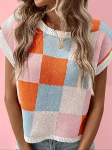 Women's Fashionable Round Neck Sleeveless Knit Vest, Colorblock Plaid Pattern, Versatile Outdoor Wear, All Seasons Spring Casual Clothing Knitwear