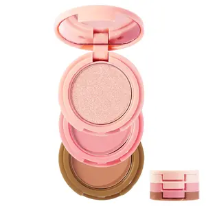 3-in-1 Blendable Trio, Contour and Highlight Blush Makeup Palette, Cream Bronzer, Silky Smooth Powder Blush, Shimmer Highlighter Makeup Powder, Pink Brown Eyeshadow Palette with Mirror(02)