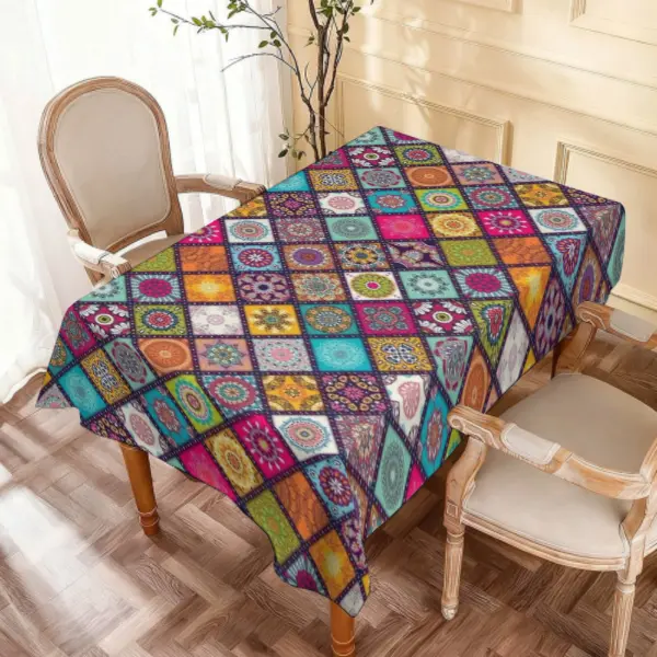 Colorful Boho Patchwork Mandala Tablecloth, Ethnic Geometric Floral Square Table Cover, Waterproof Stain Resistant Decor for Bohemian Party, Patio Picnic, Farmhouse Dining