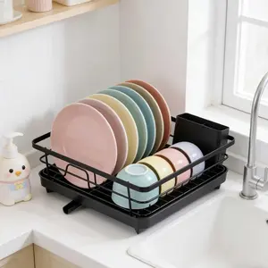 Household kitchen dish rack, quick drainage at the sink drip position, non-slip feet for enhanced stability, equipped with utensil holder and knife clip, classified storage for bowls and plates