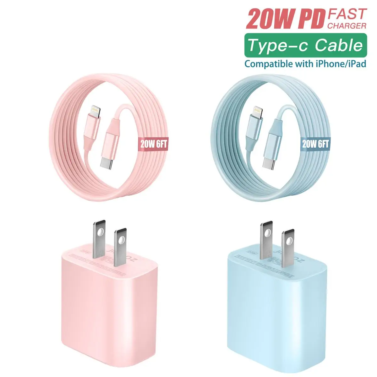 20W PD Portable Charger for Summer (2 Set), Fast Charging Adapter Phone Charger for iPhone, Type C Wall Charger Block with Charging Cable, Charging He