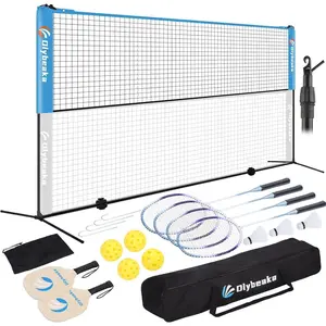 17FT Portable Pickleball Badminton Net Set Outdoor, Height Adjustable Multi Sports Net Set for Backyards Driveway with 4 Aluminum Rackets, 2 Pickle Paddles and Carry Bag, Easy Set Up & Durable