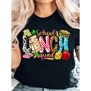 Colorful Food Print Women's Lunch Squad Graphic T-Shirt For Cafeteria Workers And Lunch Ladies Playful Summer Workwear With Breathable Round Neck Design