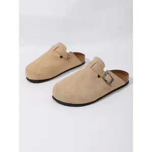 Women's Thick Sole Buckle Footbed Sandals, Spring New Arrival, Apricot Round Toe Slip-On Velour Shoes, Flat Mules Outdoor Casual Slippers