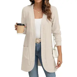 Womens Long Cardigan Lightweight Sweater, Long Sleeve Cardigan Open Front Casual Knit Sweaters with Pockets