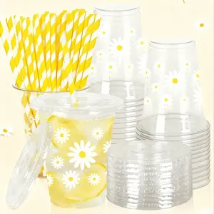 12oz 20/40 Pack Daisy Themed Party Cups Set - Disposable Clear Plastic Cups with Lids and Striped Straws, Perfect for Picnics, Weddings, Kids’Parties, Party Supplies