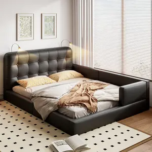 Queen-Size Upholstered Platform Bed with Two Built-In Reading Lights, Premium PU Leather Upholstery, and Ergonomic Headboard Design