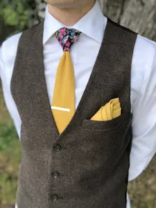 TIE MOOD Marigold Yellow Solid Front & Floral Back Necktie for Men | Marigold Wedding Tie | Birdy Grey Marigold | Groom Groomsman