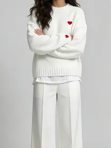 SHEER US Women's Cute Heart Embroidery White Loose Knit Sweater Comfortable Casual Stand Collar Long Sleeves 2026 Valentine's Day New Layering Style