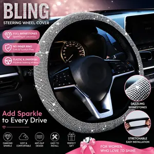Car Steering Wheel Cover with Full Rhinestones No Inner Ring Elastic Diamond Steering Wheel Protector for Women Girls Bling Car Accessories