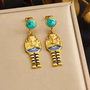 Vintage Egyptian-style gold-plated stainless steel earrings, unique exotic pendants, fashionable ear accessories, European and American trendy earrings