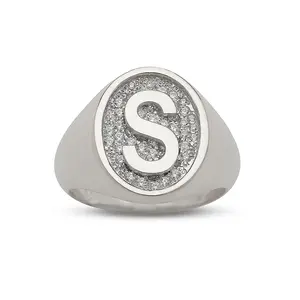 Initial Oval Signet .925 Sterling Silver Ring with CZ Stones